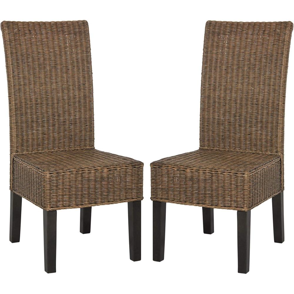 image:imageSAFAVIEH Home Collection Arjun Set of 2 Grey Wicker Dining Chairs Tall Back Dining Chairs with Pine Wood Legs for Kitchen or Dining Room SEA8013ASET2Brown Multi