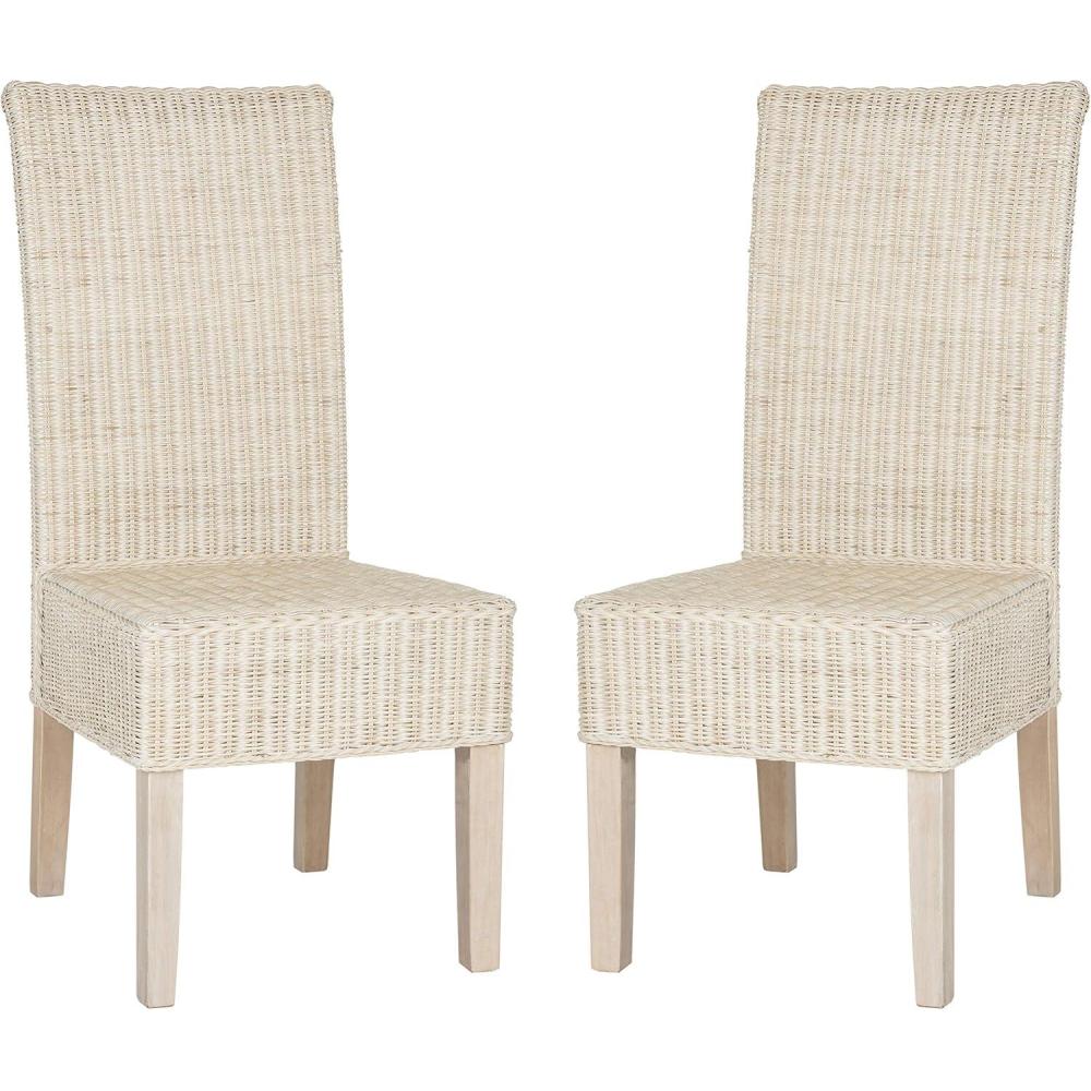 image:imageSAFAVIEH Home Collection  Arjun Set of 2 Grey Wicker Dining Chairs Tall Back Dining Chairs with Pine Wood Legs for Kitchen or Dining Room SEA8013ASET2White Washed