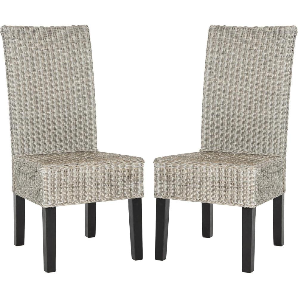 image:imageSAFAVIEH Home Collection  Arjun Set of 2 Grey Wicker Dining Chairs Tall Back Dining Chairs with Pine Wood Legs for Kitchen or Dining Room SEA8013ASET2Antique  Grey