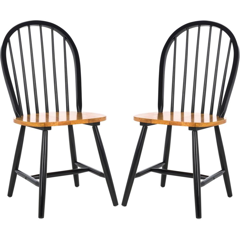 image:imageSAFAVIEH Home Collection Camden Set of 2 Natural amp Black Windsor Farmhouse Dining Chairs Oval Spindle Back Wood Chairs Americana Style Seating DCH8501GSET2