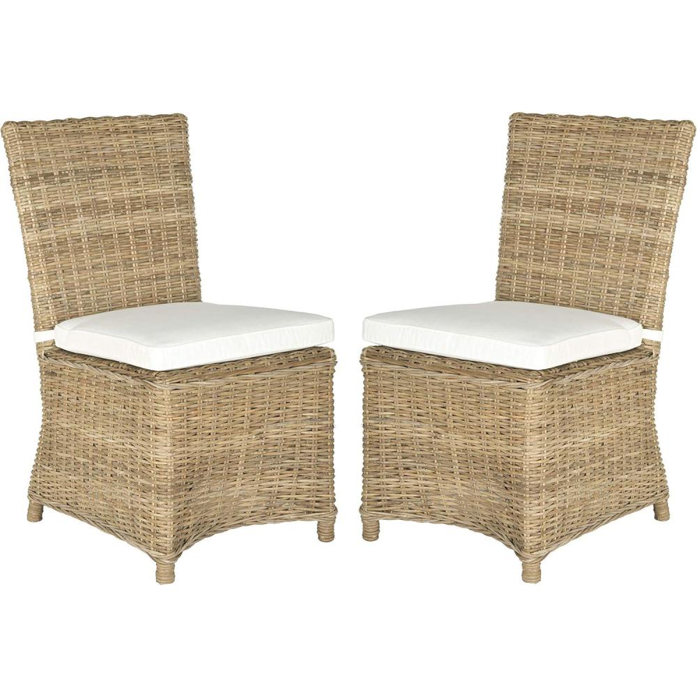 image:imageSAFAVIEH Home Collection Sebesi Soft Grey Rattan Side Chair with Cushion Set of 2