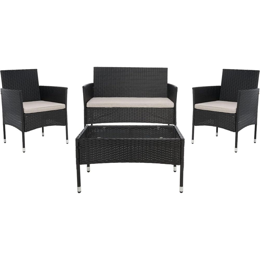 image:imageSAFAVIEH Outdoor Collection Abdul NaturalWhite Cushion 4Piece Conversation Patio Set PAT7504DBlackLight Grey