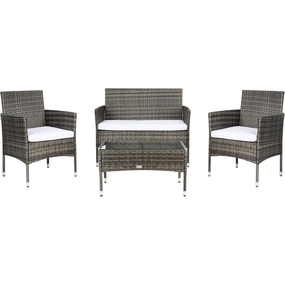 image:imageSAFAVIEH Outdoor Collection Abdul NaturalWhite Cushion 4Piece Conversation Patio Set PAT7504DGrey BrownWhite