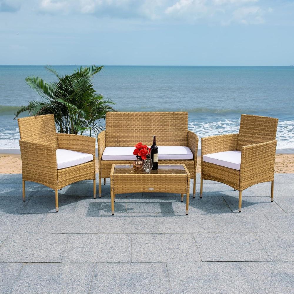 image:imageSAFAVIEH Outdoor Collection Abdul NaturalWhite Cushion 4Piece Conversation Patio Set PAT7504DNaturalWhite