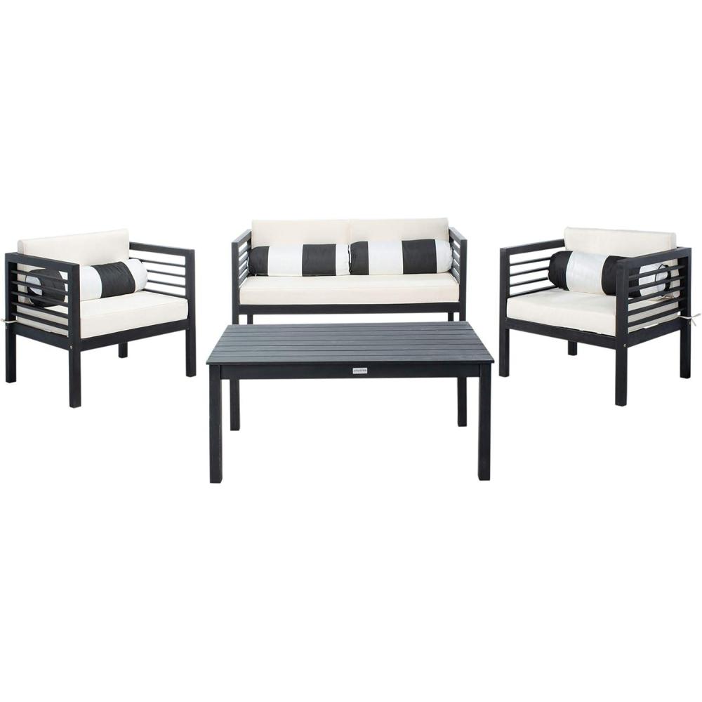 image:imageSAFAVIEH Outdoor Collection Alda Grey Wash White Cushions Light Blue Pillows 4Piece Conversation Patio SetBlack  Beige  Bolster P
