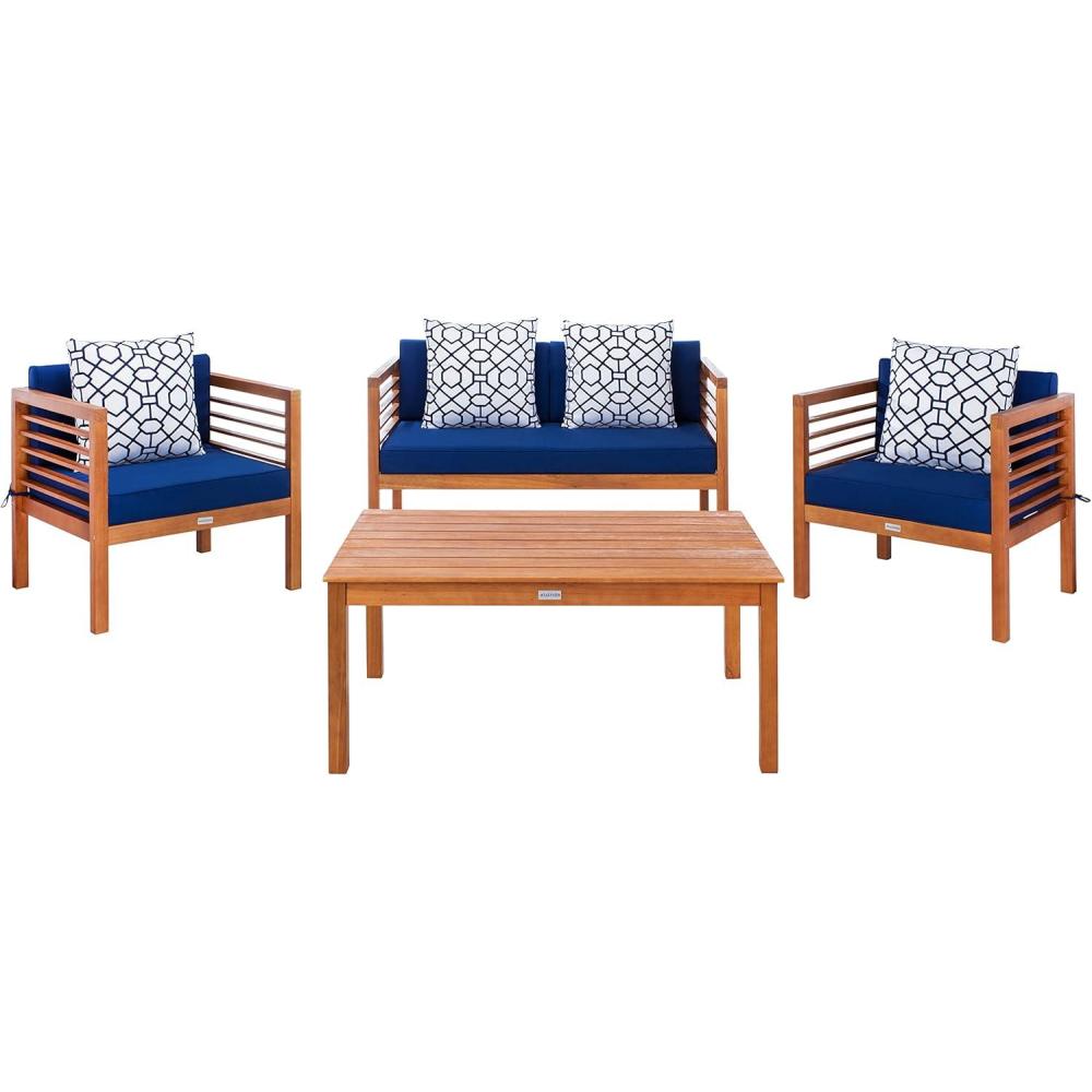 image:imageSAFAVIEH Outdoor Collection Alda Grey Wash White Cushions Light Blue Pillows 4Piece Conversation Patio SetNatural  Navy  Trellis P