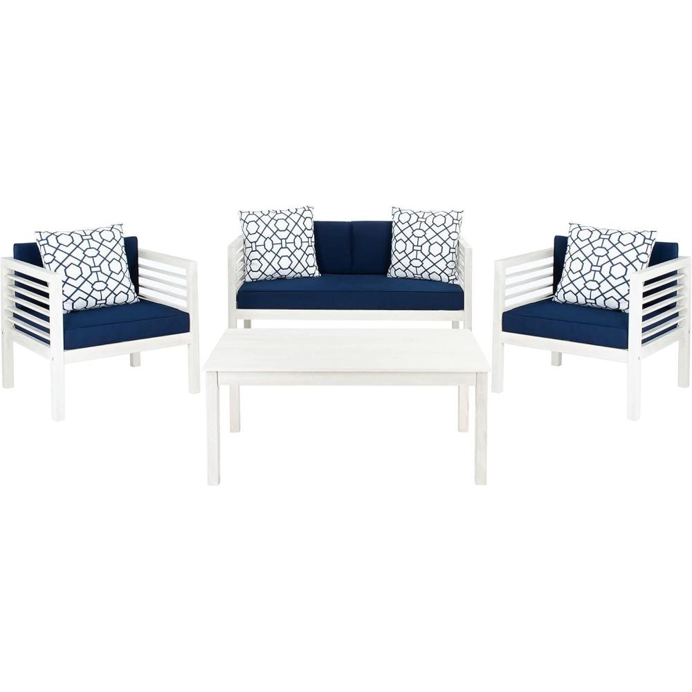 image:imageSAFAVIEH Outdoor Collection Alda Grey Wash White Cushions Light Blue Pillows 4Piece Conversation Patio SetWhite  Navy  Trellis Pillow