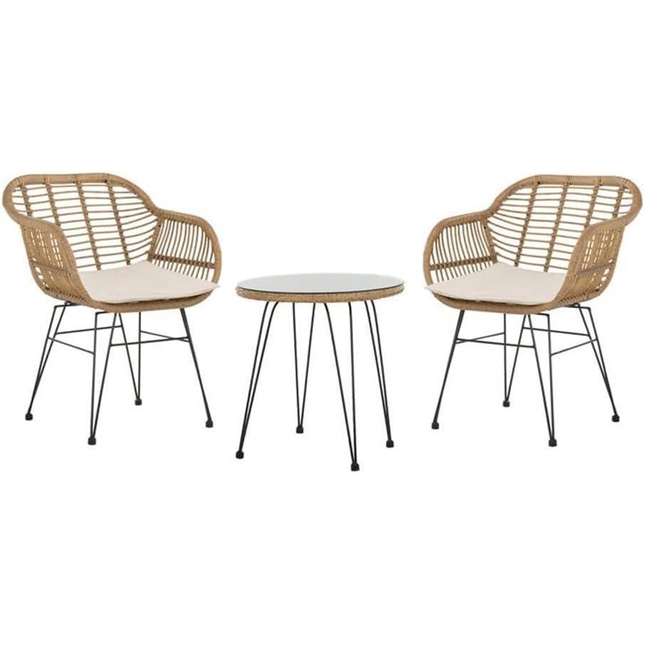 image:imageSAFAVIEH Outdoor Collection Alton Light Brown RattanWhite Seat Cushion 3Piece Patio Lounge Bistro Set with Table PAT9004ABrown  Beige
