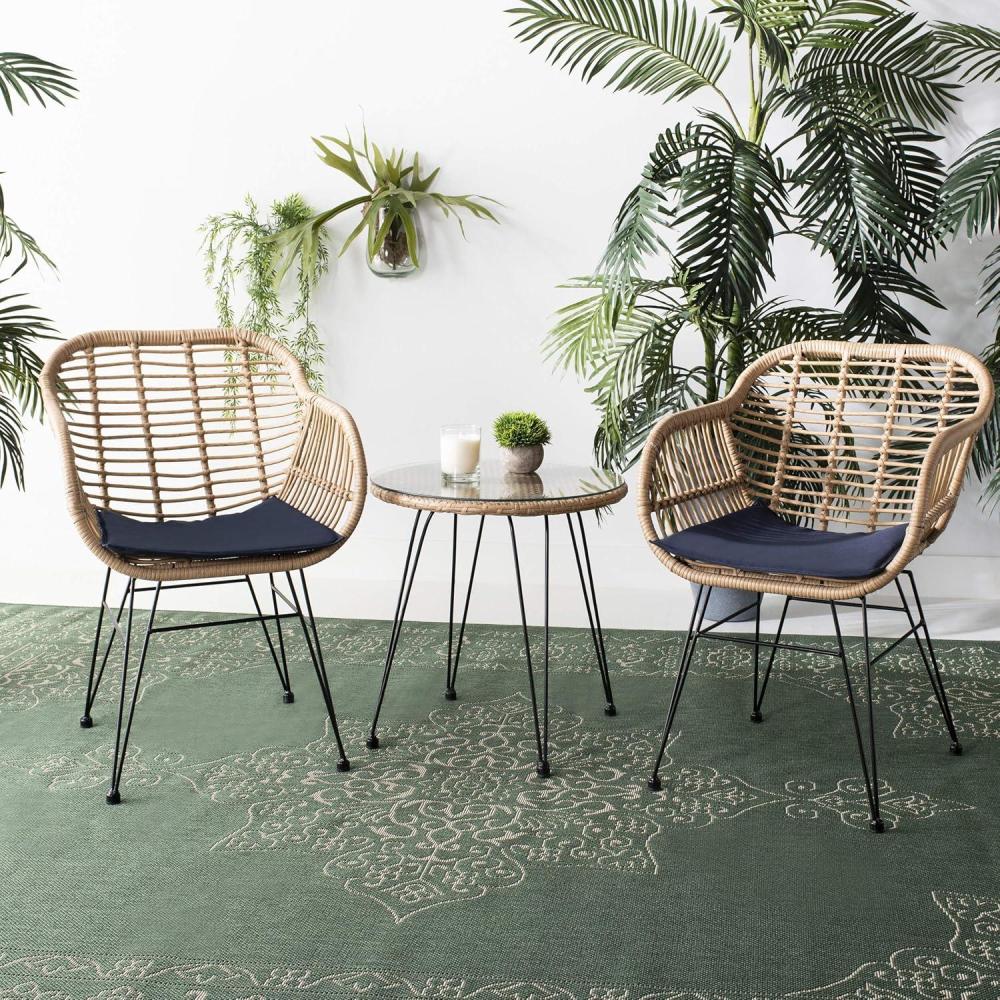 image:imageSAFAVIEH Outdoor Collection Alton Light Brown RattanWhite Seat Cushion 3Piece Patio Lounge Bistro Set with Table PAT9004ABrown Navy