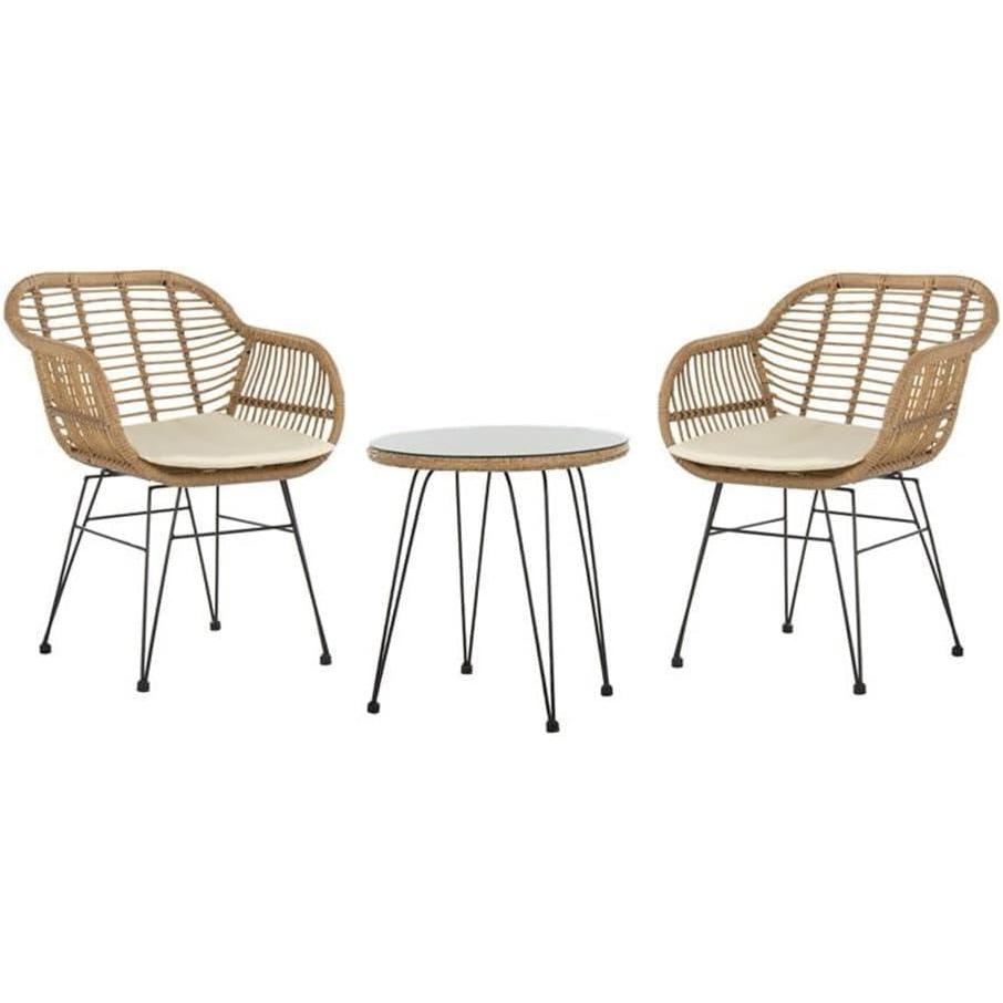 image:imageSAFAVIEH Outdoor Collection Alton Light Brown RattanWhite Seat Cushion 3Piece Patio Lounge Bistro Set with Table PAT9004ABrown White