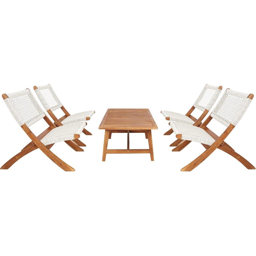 image:imageSAFAVIEH Outdoor Collection Blaze Coastal Natural Acacia WoodLight Brown 5Piece Coffee SetNaturalWhite