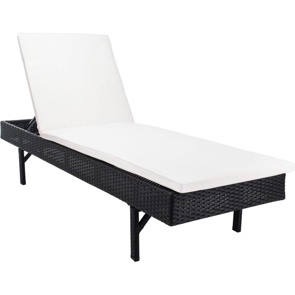 image:imageSAFAVIEH Outdoor Collection Cam Grey Brown WickerWhite Cushion Adjustable Chaise Lounge Chair BlackBeige PAT7501CBlack  Beige