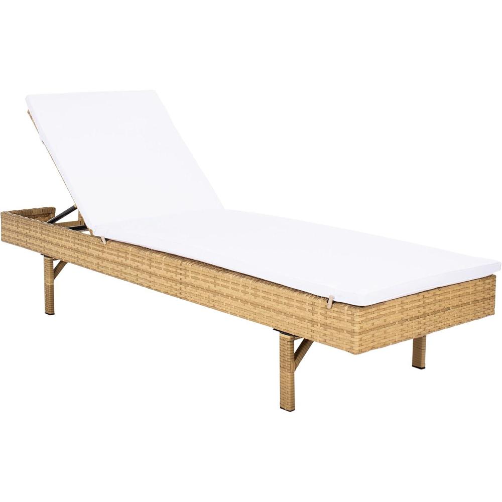 image:imageSAFAVIEH Outdoor Collection Cam Grey Brown WickerWhite Cushion Adjustable Chaise Lounge Chair BlackBeige PAT7501CNatural  White