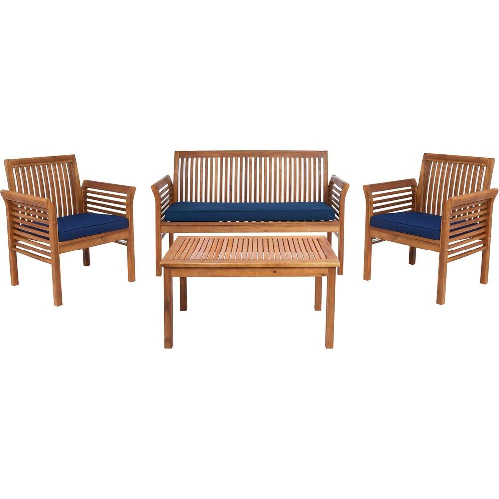 image:imageSAFAVIEH Outdoor Collection Carson Grey Wash Beige Cushions 4Piece Conversation Patio SetNatural  Navy