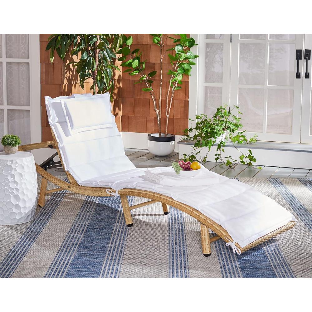 image:imageSAFAVIEH Outdoor Collection Colley Natural WickerWhite Cushion Adjustable Recliner Chaise Lounge Chair PAT7722DNatural