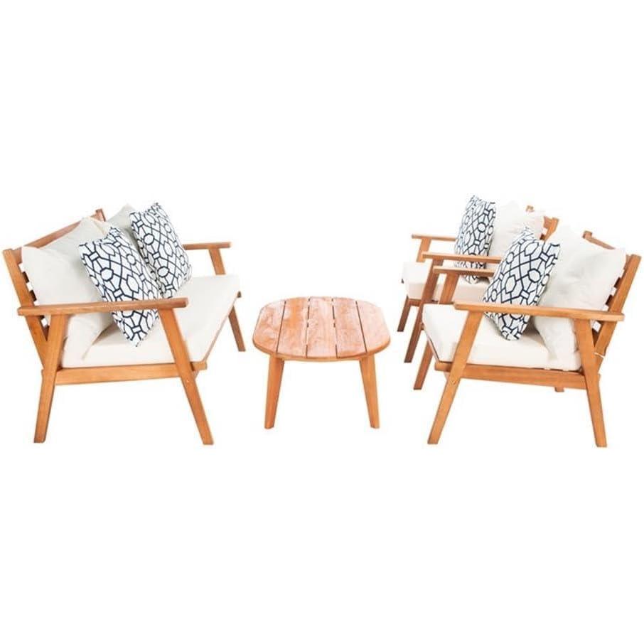 image:imageSAFAVIEH Outdoor Collection Deacon Natural Acacia WoodBeige Cushion 4Piece Conversation Patio Set with Accent PillowsBeigeBlue