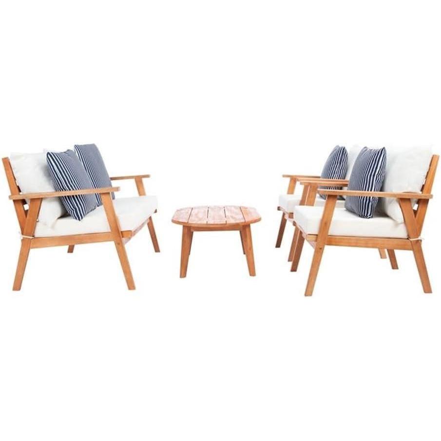 image:imageSAFAVIEH Outdoor Collection Deacon Natural Acacia WoodBeige Cushion 4Piece Conversation Patio Set with Accent PillowsBeigeNavy