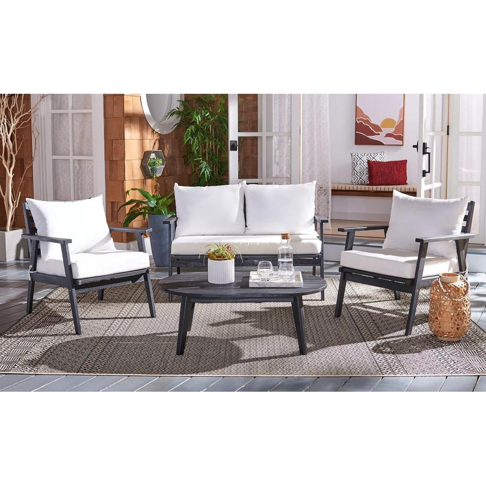 image:imageSAFAVIEH Outdoor Collection Deacon Natural Acacia WoodBeige Cushion 4Piece Conversation Patio Set with Accent PillowsBlackBeige