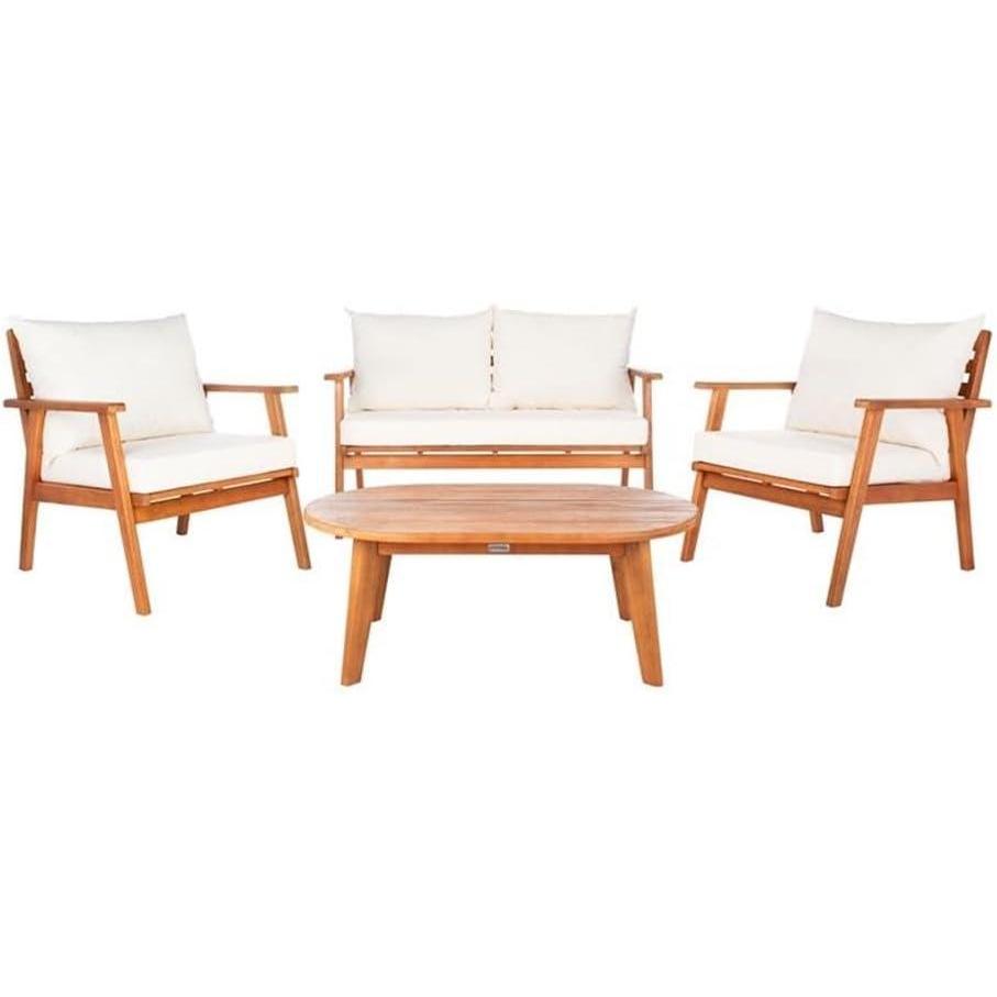 image:imageSAFAVIEH Outdoor Collection Deacon Natural Acacia WoodBeige Cushion 4Piece Conversation Patio Set with Accent PillowsNaturalBeige