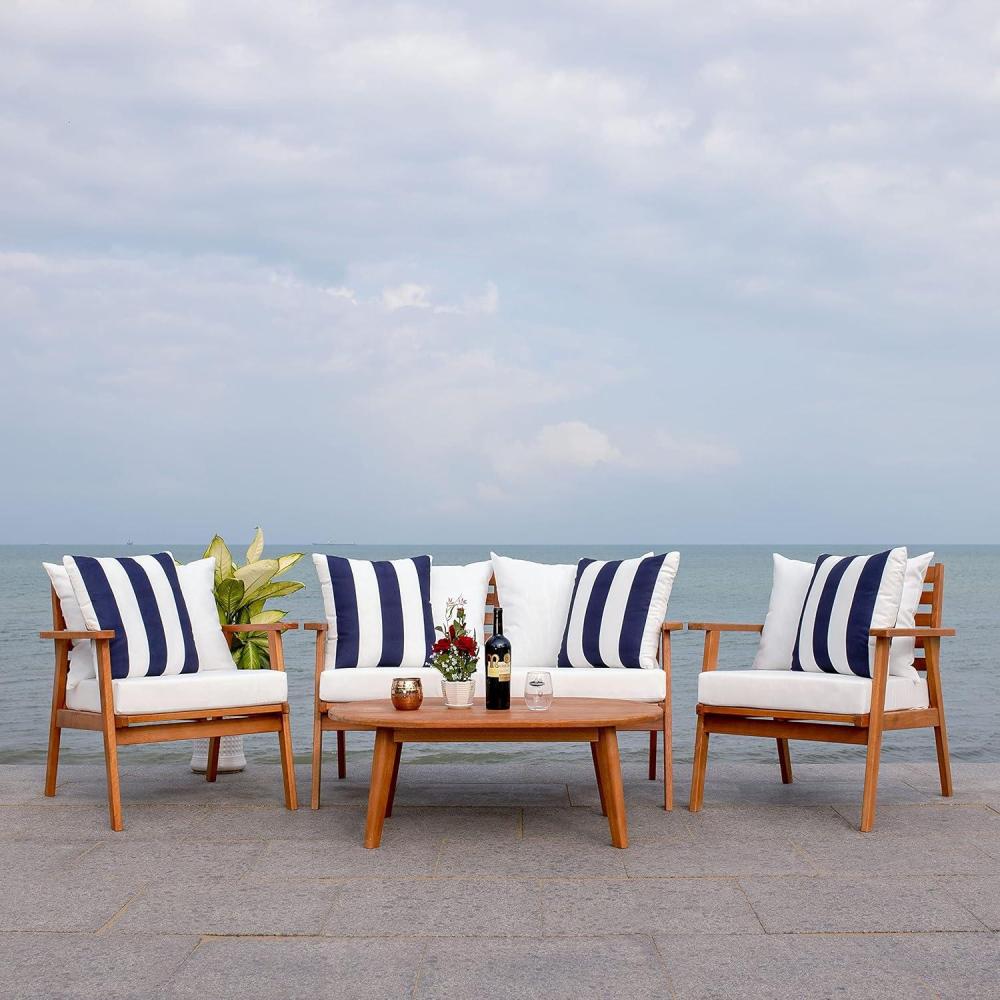 image:imageSAFAVIEH Outdoor Collection Deacon Natural Acacia WoodBeige Cushion 4Piece Conversation Patio Set with Accent PillowsNaturalBeige Thick Stripe