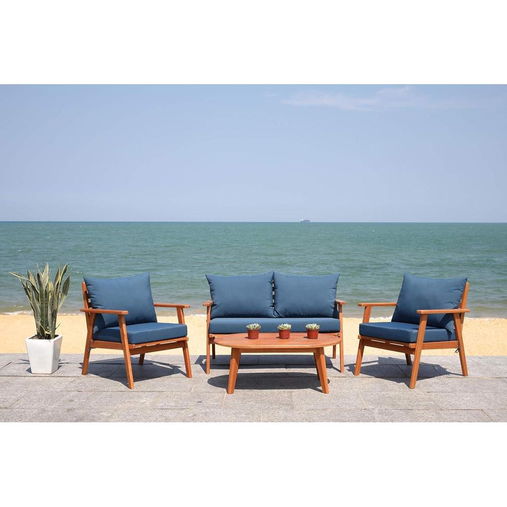 image:imageSAFAVIEH Outdoor Collection Deacon Natural Acacia WoodBeige Cushion 4Piece Conversation Patio Set with Accent PillowsNaturalNavy