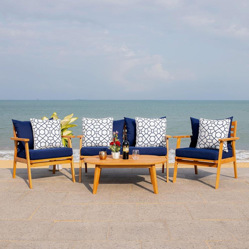 image:imageSAFAVIEH Outdoor Collection Deacon Natural Acacia WoodBeige Cushion 4Piece Conversation Patio Set with Accent PillowsNavyNatural