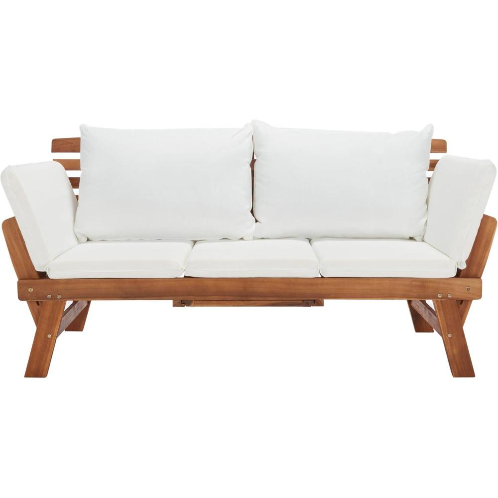 image:imageSAFAVIEH Outdoor Collection Emely Natural Acacia WoodGrey Expandable Loveseat DaybedNaturalBeige