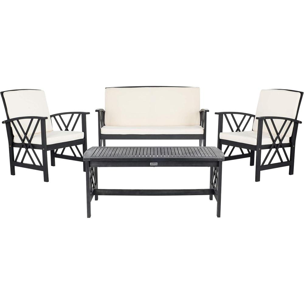 image:imageSAFAVIEH Outdoor Collection Fontana NaturalAqua Cushion 4Piece Conversation Patio SetBlackBeige