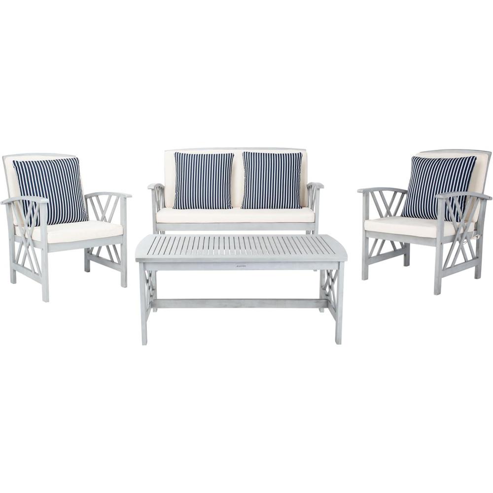 image:imageSAFAVIEH Outdoor Collection Fontana NaturalAqua Cushion 4Piece Conversation Patio SetGrey Beige Stripe