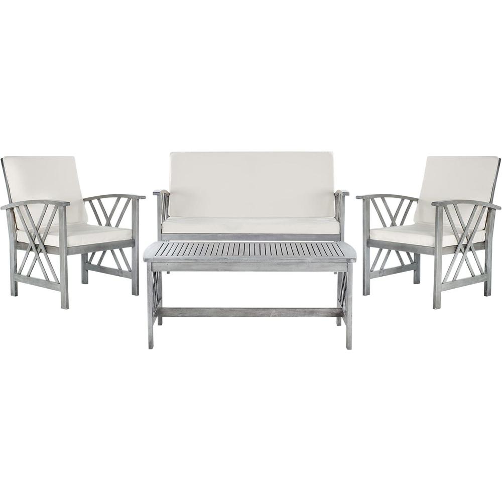 image:imageSAFAVIEH Outdoor Collection Fontana NaturalAqua Cushion 4Piece Conversation Patio SetGreyBeige