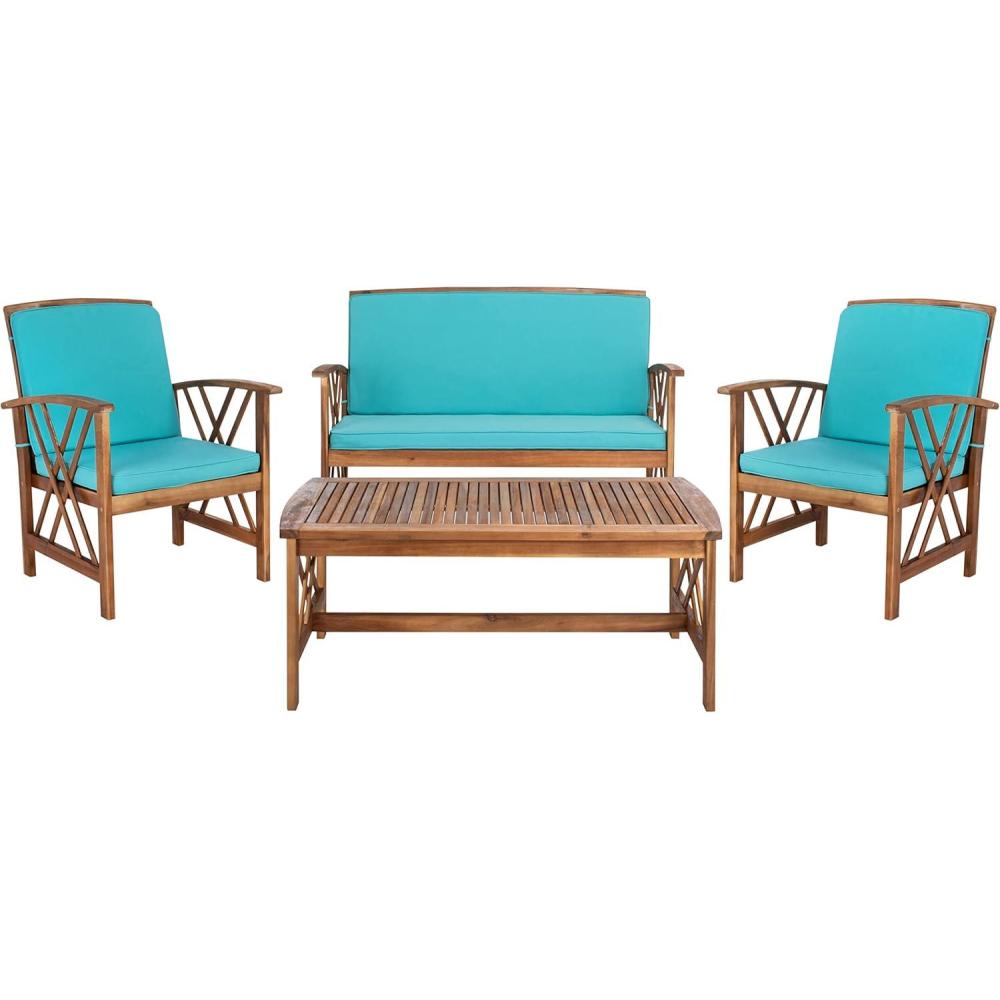 image:imageSAFAVIEH Outdoor Collection Fontana NaturalAqua Cushion 4Piece Conversation Patio SetNaturalAqua