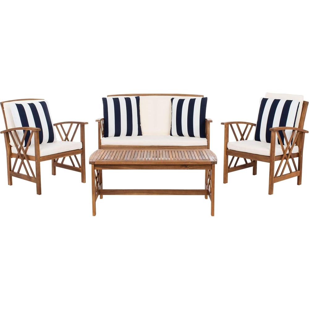 image:imageSAFAVIEH Outdoor Collection Fontana NaturalAqua Cushion 4Piece Conversation Patio SetNaturalBeige Thick Stripe
