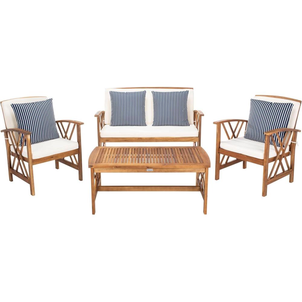 image:imageSAFAVIEH Outdoor Collection Fontana NaturalAqua Cushion 4Piece Conversation Patio SetNaturalBeige Thin Stripe