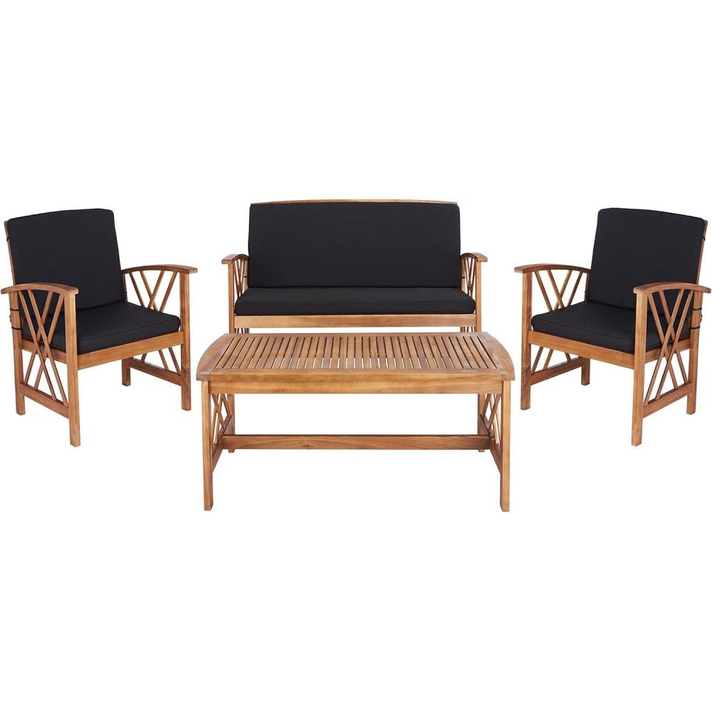 image:imageSAFAVIEH Outdoor Collection Fontana NaturalAqua Cushion 4Piece Conversation Patio SetNaturalBlack