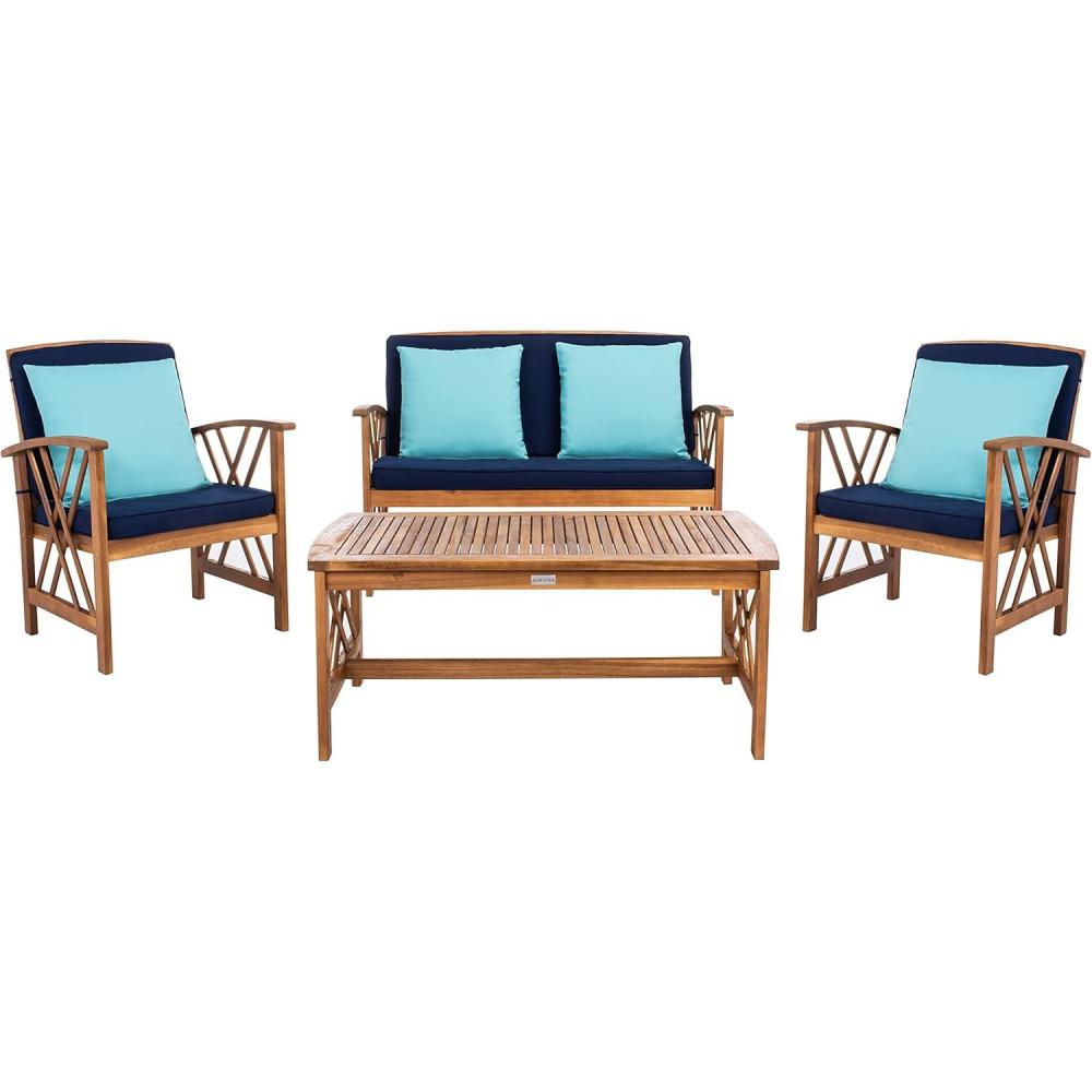image:imageSAFAVIEH Outdoor Collection Fontana NaturalAqua Cushion 4Piece Conversation Patio SetNaturalNavy