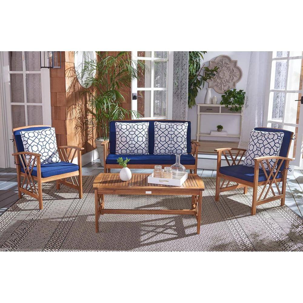 image:imageSAFAVIEH Outdoor Collection Fontana NaturalAqua Cushion 4Piece Conversation Patio SetNaturalNavy Geometric