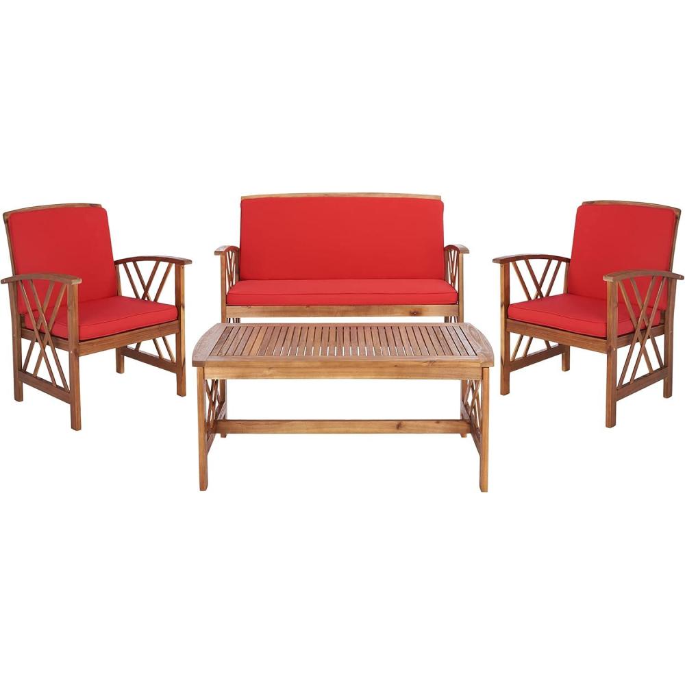 image:imageSAFAVIEH Outdoor Collection Fontana NaturalAqua Cushion 4Piece Conversation Patio SetNaturalRed