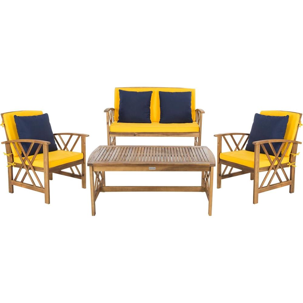 image:imageSAFAVIEH Outdoor Collection Fontana NaturalAqua Cushion 4Piece Conversation Patio SetNaturalYellow