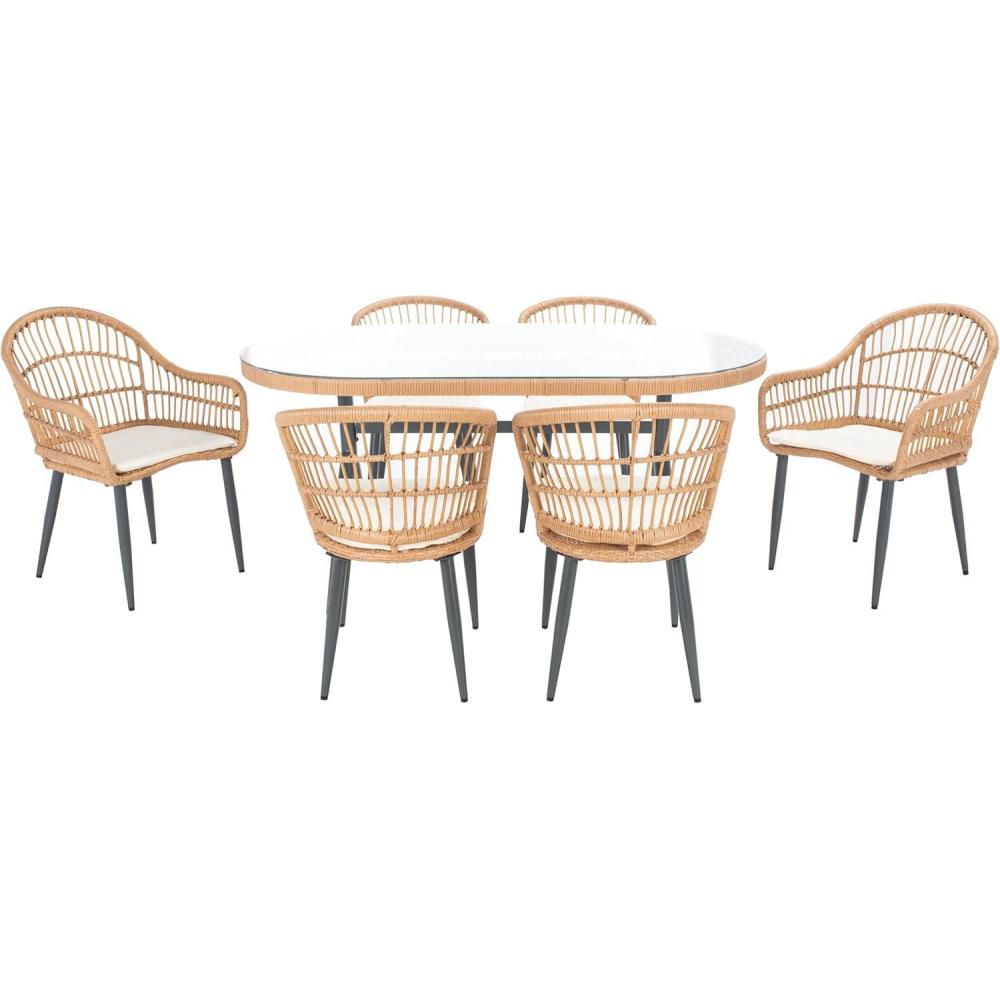 image:imageSAFAVIEH Outdoor Collection Genser Natural RattanBeige Cushion 7Piece Patio Backyard Dining Set