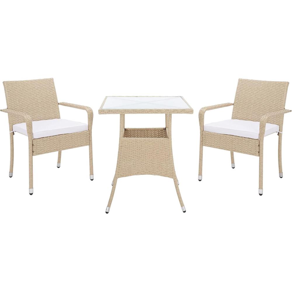 image:imageSAFAVIEH Outdoor Collection Laban NaturalWhite Cushion 3Piece Bistro Set PAT7718DBeigeWhite