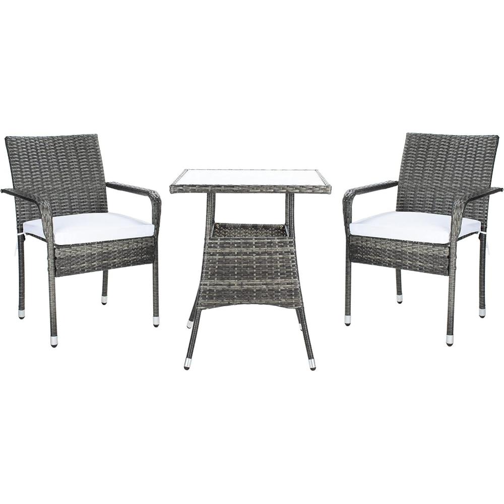 image:imageSAFAVIEH Outdoor Collection Laban NaturalWhite Cushion 3Piece Bistro Set PAT7718DGrey BrownWhite