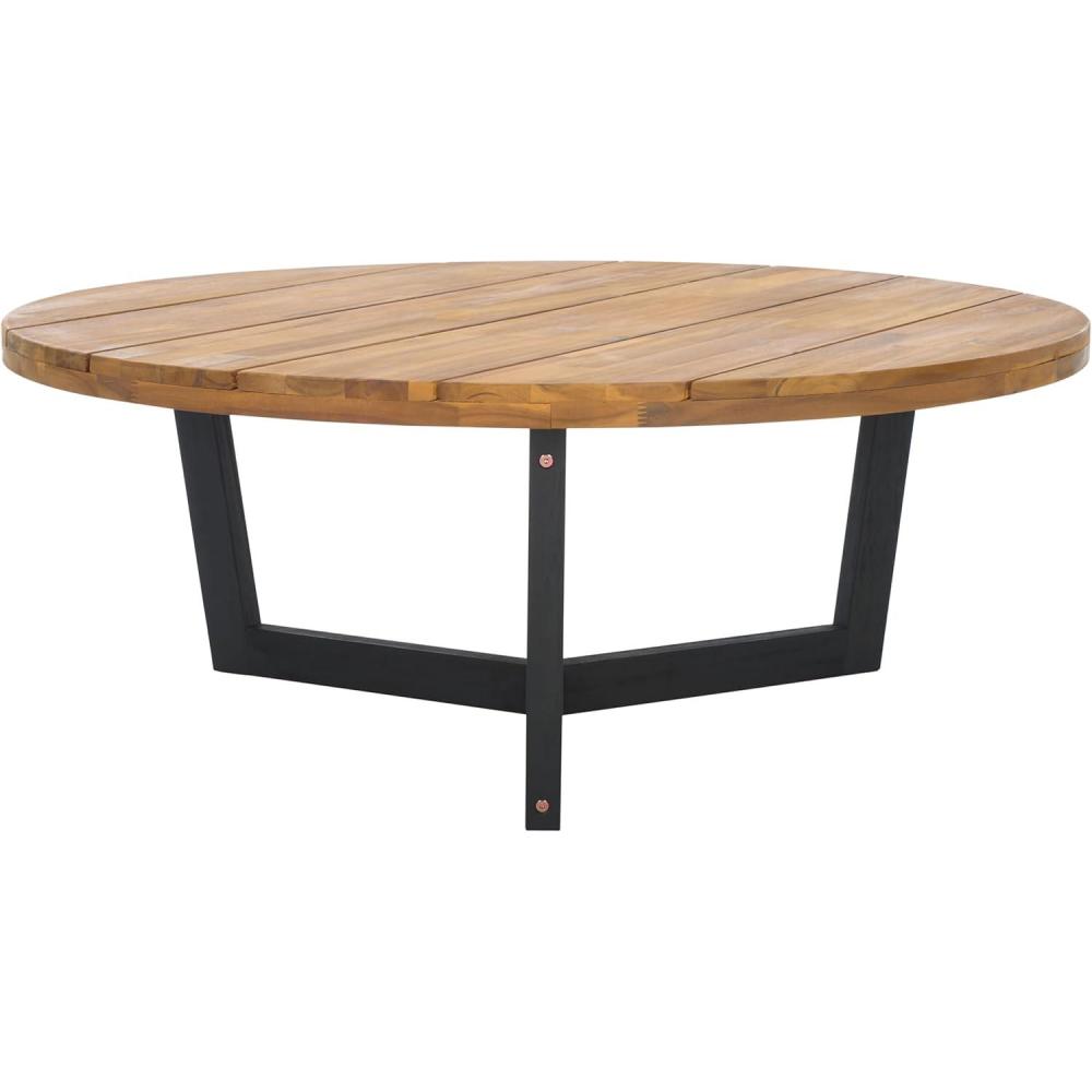 image:imageSAFAVIEH Outdoor Collection Leo NaturalBlack Solid Wood Round Coffee TableNaturalBlack