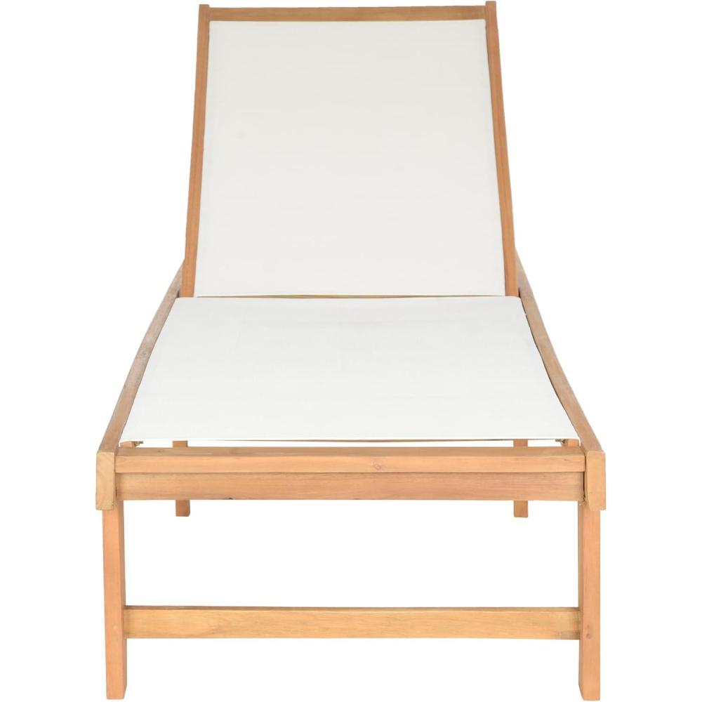 image:imageSAFAVIEH Outdoor Collection Manteca Brown Solid WoodWhite Texline Fabric Adjustable Chaise Lounge Chair PAT6708ANatural White