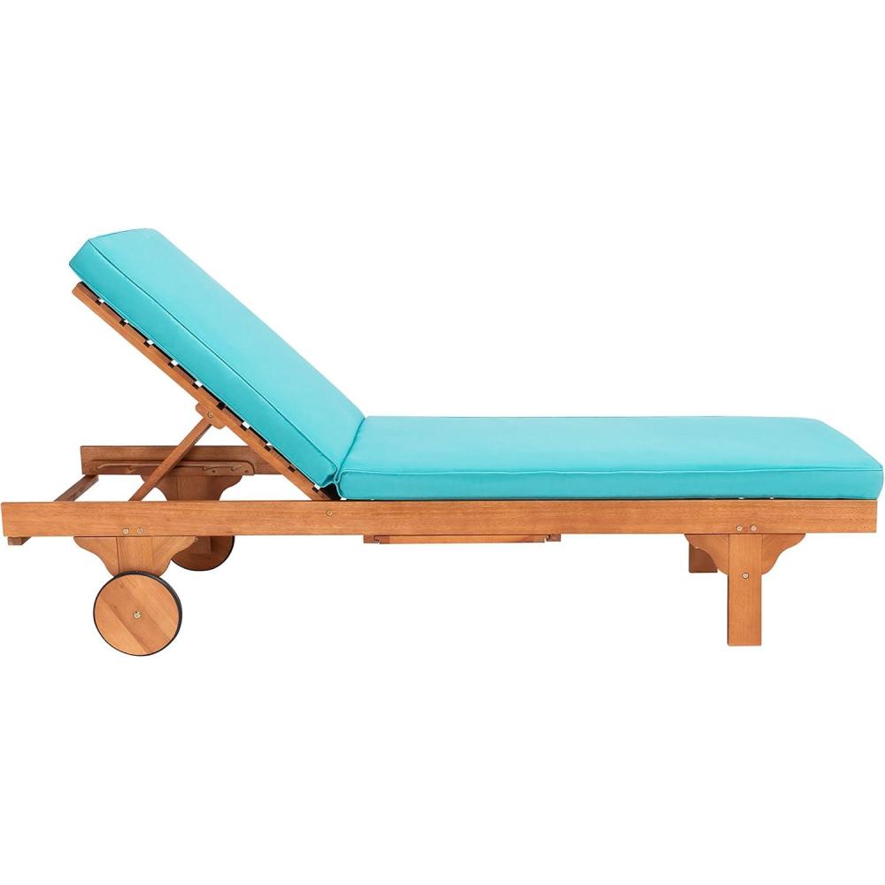 image:imageSAFAVIEH Outdoor Collection Newport Natural Beige Cushion Builtin Side Table Adjustable Chaise Lounge ChairNatural  Aqua