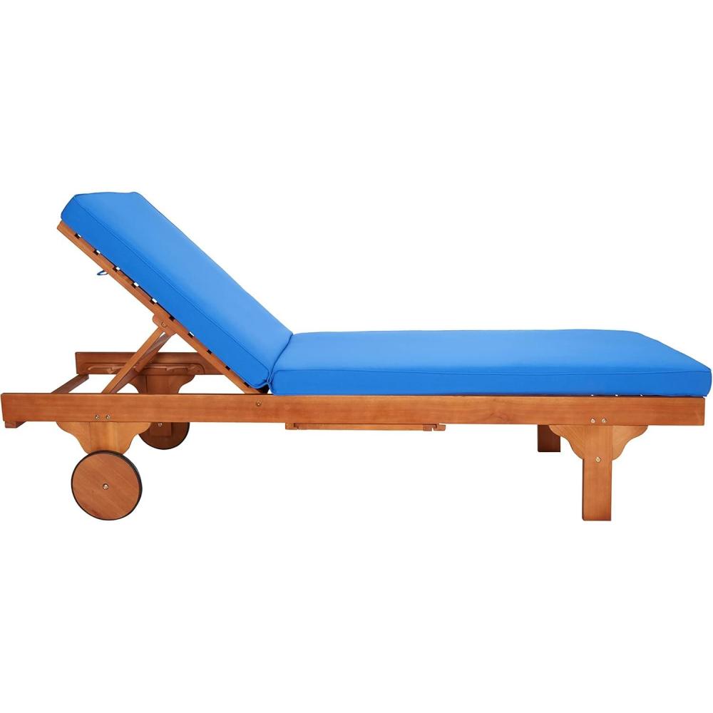 image:imageSAFAVIEH Outdoor Collection Newport Natural Beige Cushion Builtin Side Table Adjustable Chaise Lounge ChairNatural  Blue