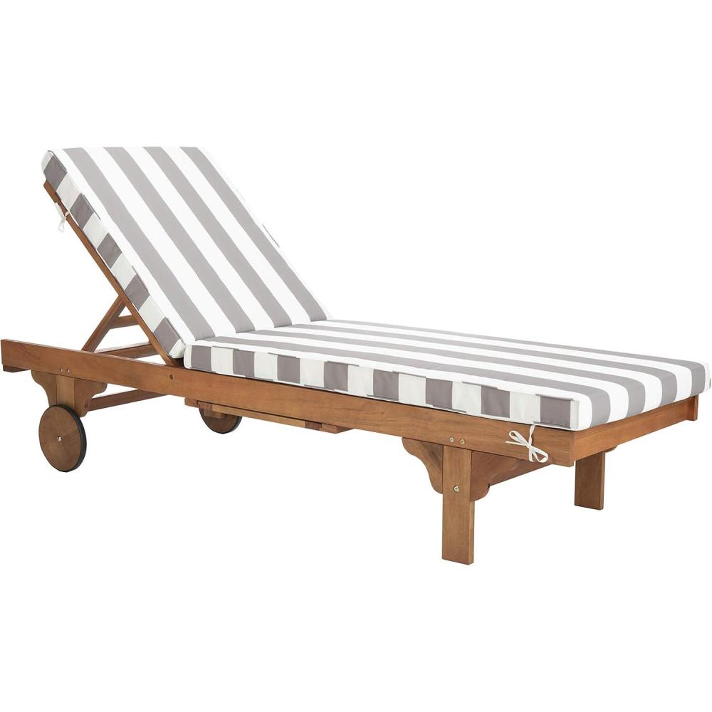 image:imageSAFAVIEH Outdoor Collection Newport Natural Beige Cushion Builtin Side Table Adjustable Chaise Lounge ChairNatural Grey Striped