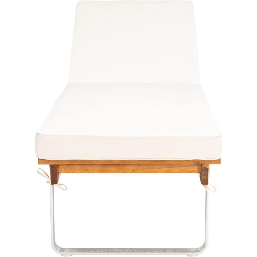 image:imageSAFAVIEH Outdoor Collection Nuca Natural Brown Solid WoodWhite LegsWhite Cushion Chaise Lounge Chair PAT7084A