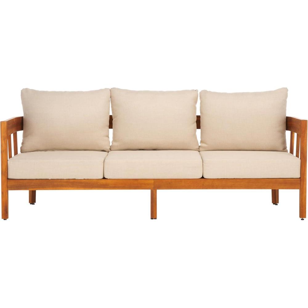 image:imageSAFAVIEH Outdoor Collection Owen Natural Teak Solid WoodTaupe Cushion 3Seater Sofa