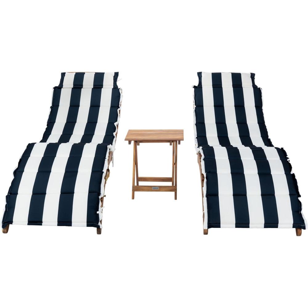 image:imageSAFAVIEH Outdoor Collection Pacifica Natural Brown Solid WoodNavy Cushion 3Piece Chaise Lounge Set with Table PAT7020CNaturalNavy Stripe