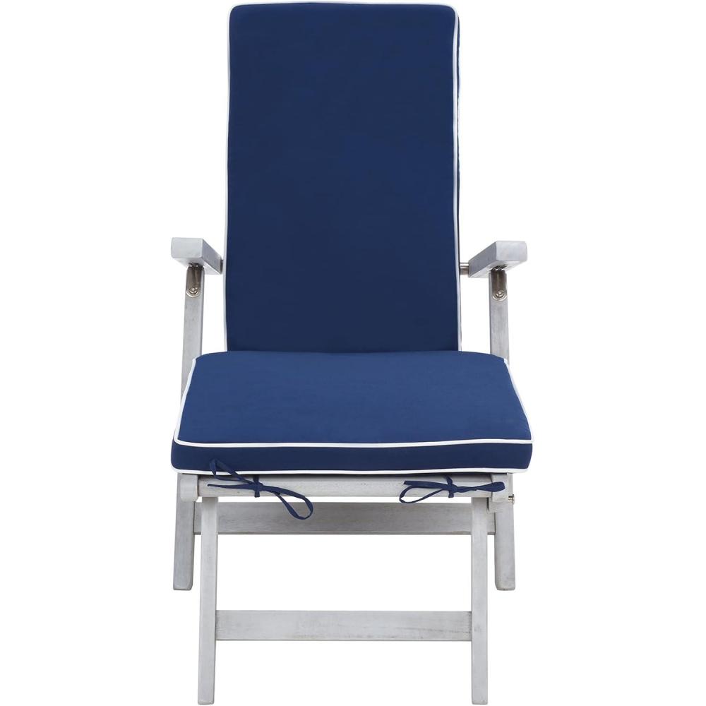 image:imageSAFAVIEH Outdoor Collection Palmdale Grey Solid WoodNavy Cushion Chaise Lounge Chair PAT7015BGreyNavy
